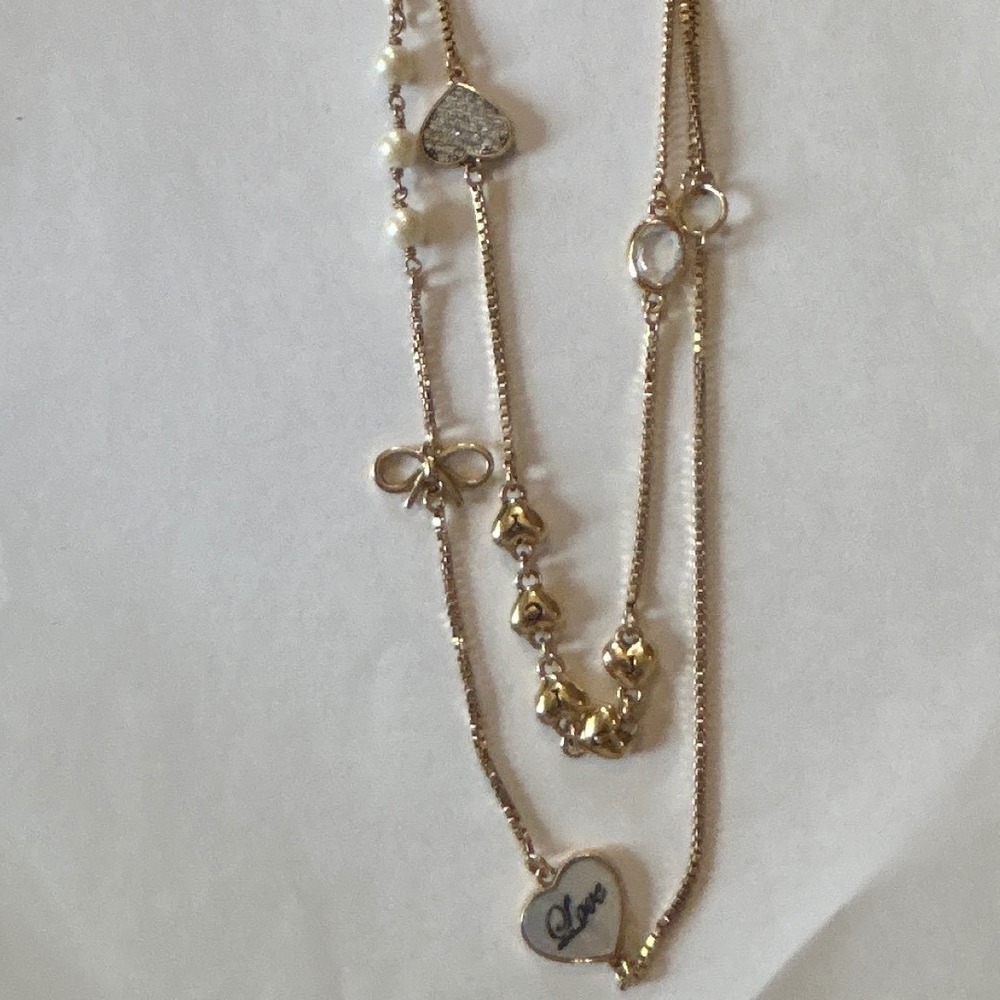 Vintage Y2K Juicy Couture Gold Tone Long Station Necklace Heart Pearl Bow Charms